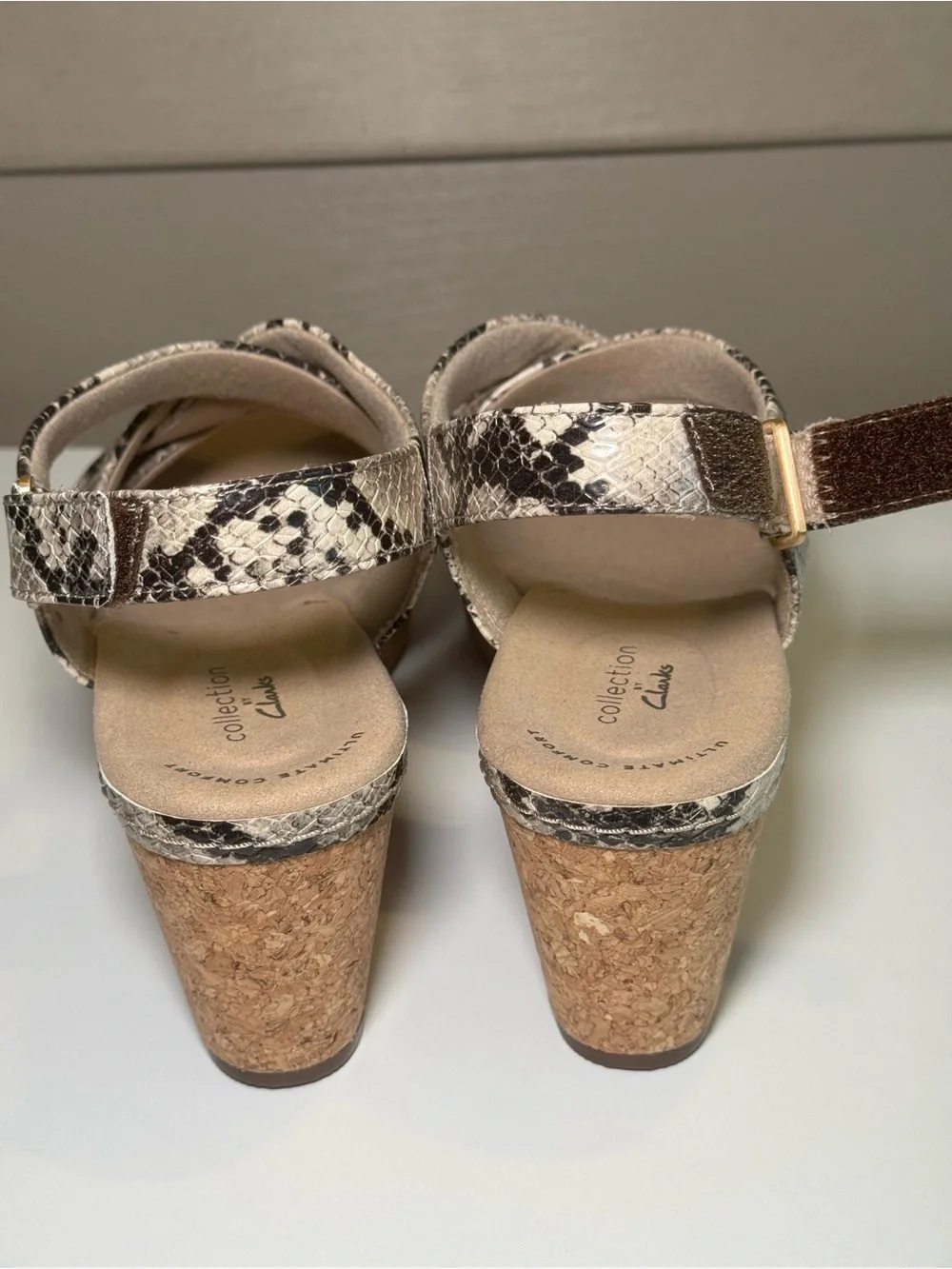 Clarks Women's Snake-Print Crisscross Wedge Sandals in Beige and Black